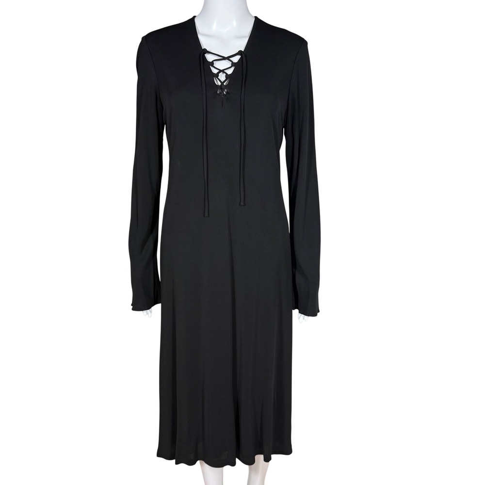 Vintage Bloomingdale's Black Rayon Maxi Dress Lace Up Bell Sleeve Goth Boho L